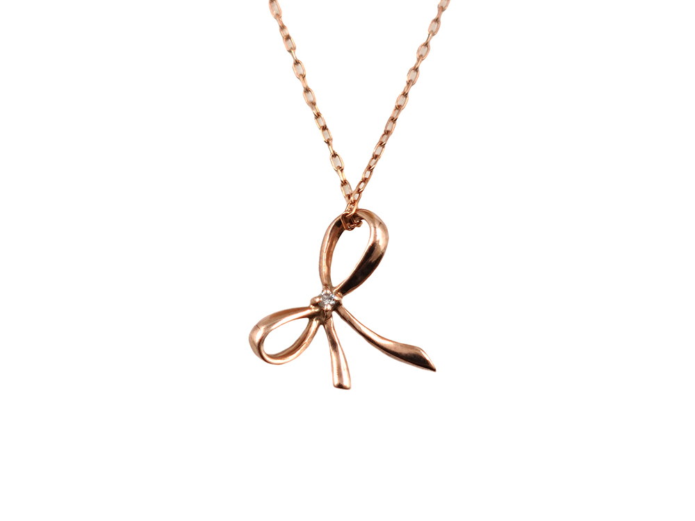 ジュエリー ピンクゴールド ダイヤモンド ツイストリボン ネックレス ダイヤ0.006ct 正面