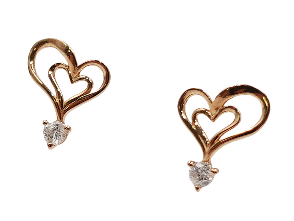 ジュエリー K18PG ピンクゴールド ダブルハート ダイヤモンド ピアス 0.10ct 0.8g