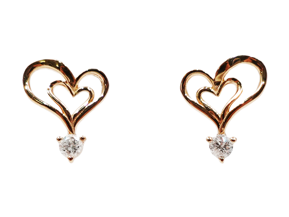 ジュエリー ピンクゴールド ダブルハート ダイヤモンド ピアス 0.10ct 0.8g 正面