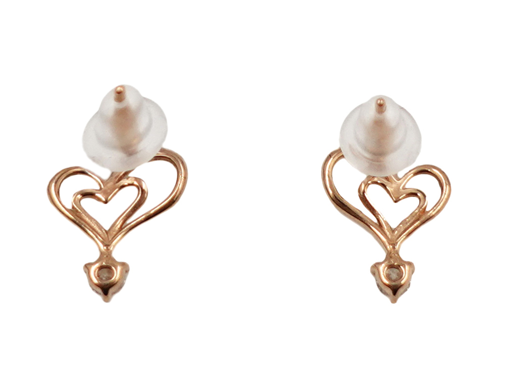 ジュエリー ピンクゴールド ダブルハート ダイヤモンド ピアス 0.10ct 0.8g 背面キャッチ有