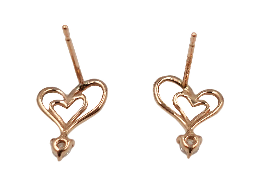 ジュエリー ピンクゴールド ダブルハート ダイヤモンド ピアス 0.10ct 0.8g 背面キャッチ無