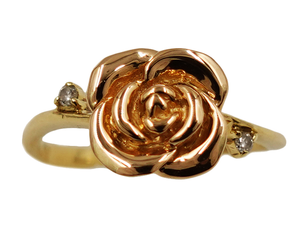 ジュエリー K18YG/K18PG イエローゴールド×ピンクゴールド ローズ ダイヤモンド リング 0.03ct 3.2g 正面